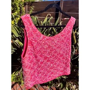 Sequin Tassel Zephyr Wool Vintage Med Hot Pink Mermaid Scale Beaded Tank Top